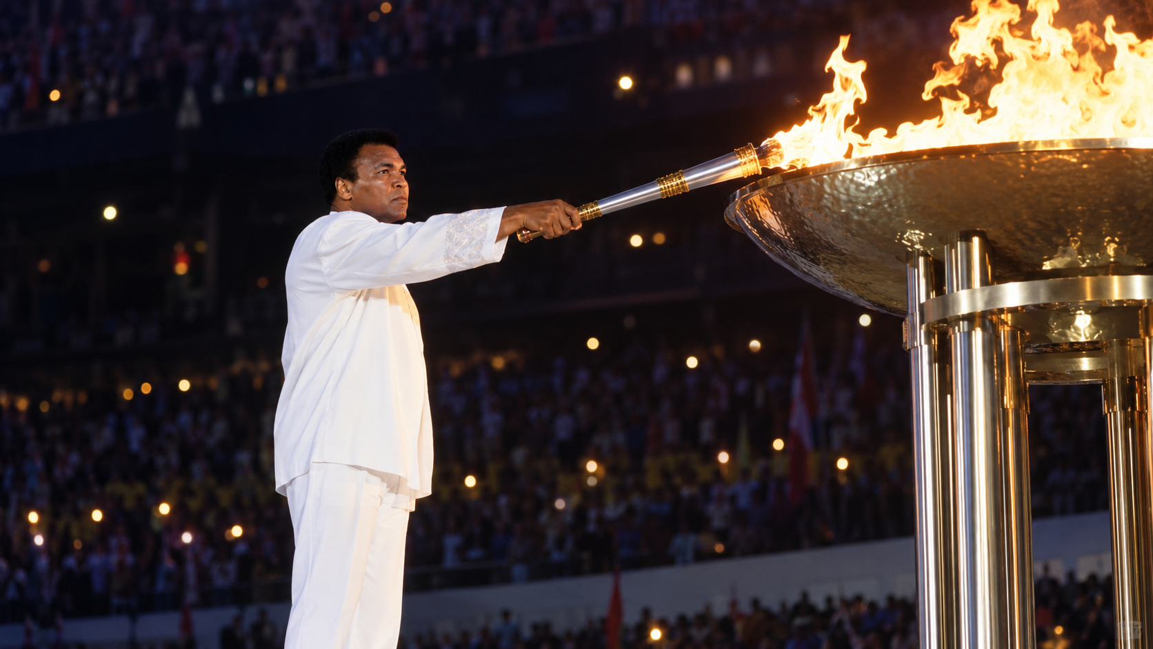 Photorealistic historical reconstruction of Muhammad Ali lighting the cauldron at the 1996 Atlanta Olympics.