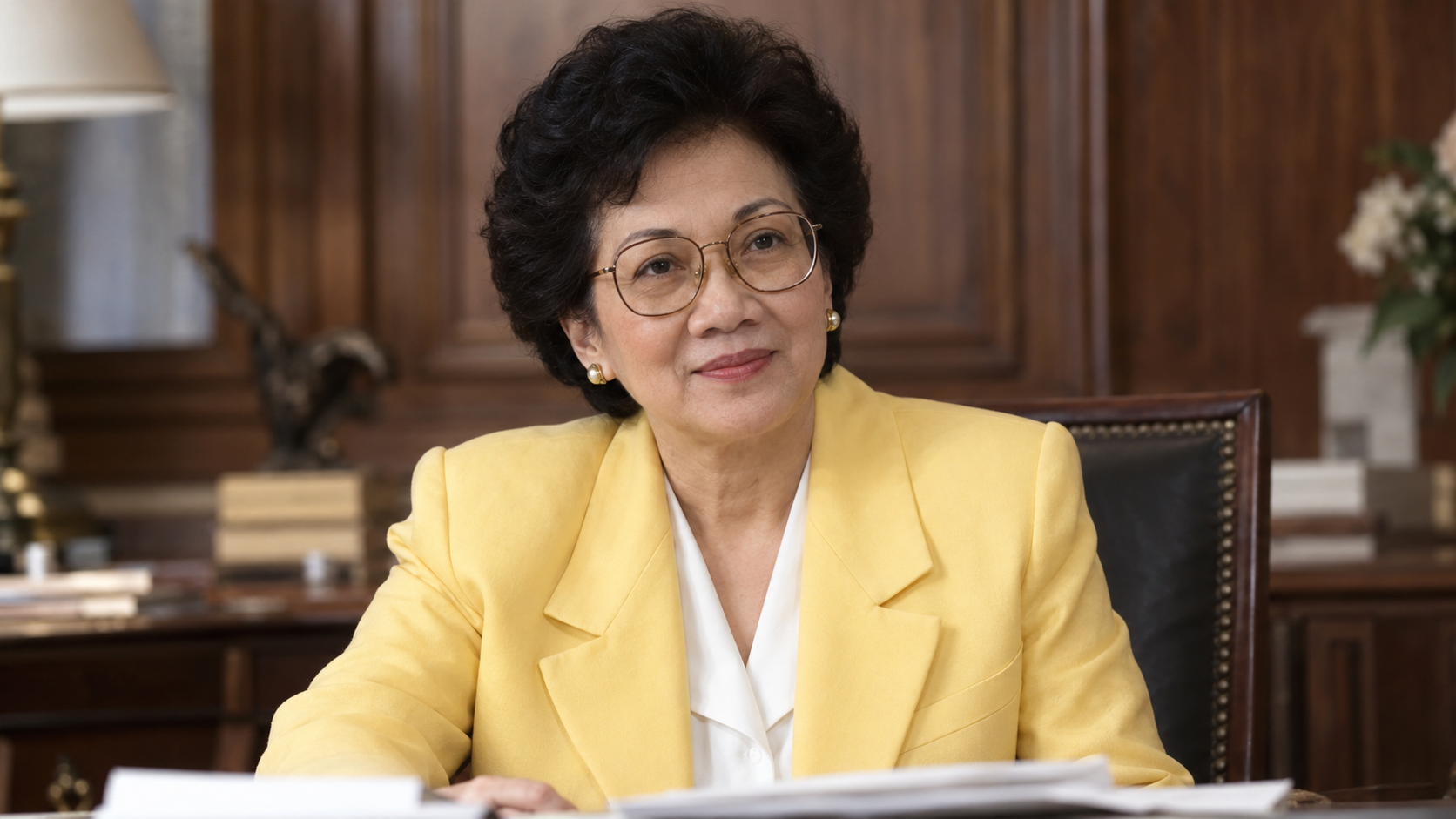 Realistic editorial recreation of Corazon Aquino in a Washington civic office around September 1986.