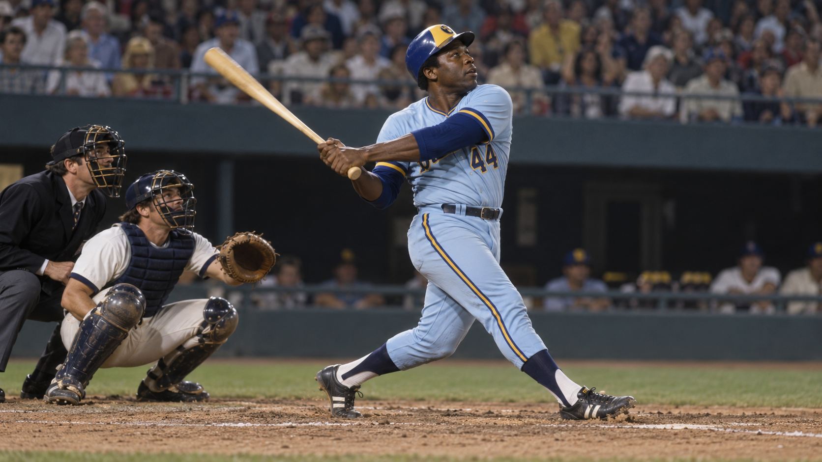 Photorealistic historical reconstruction of Hank Aaron hitting his 755th and final home run in 1976.