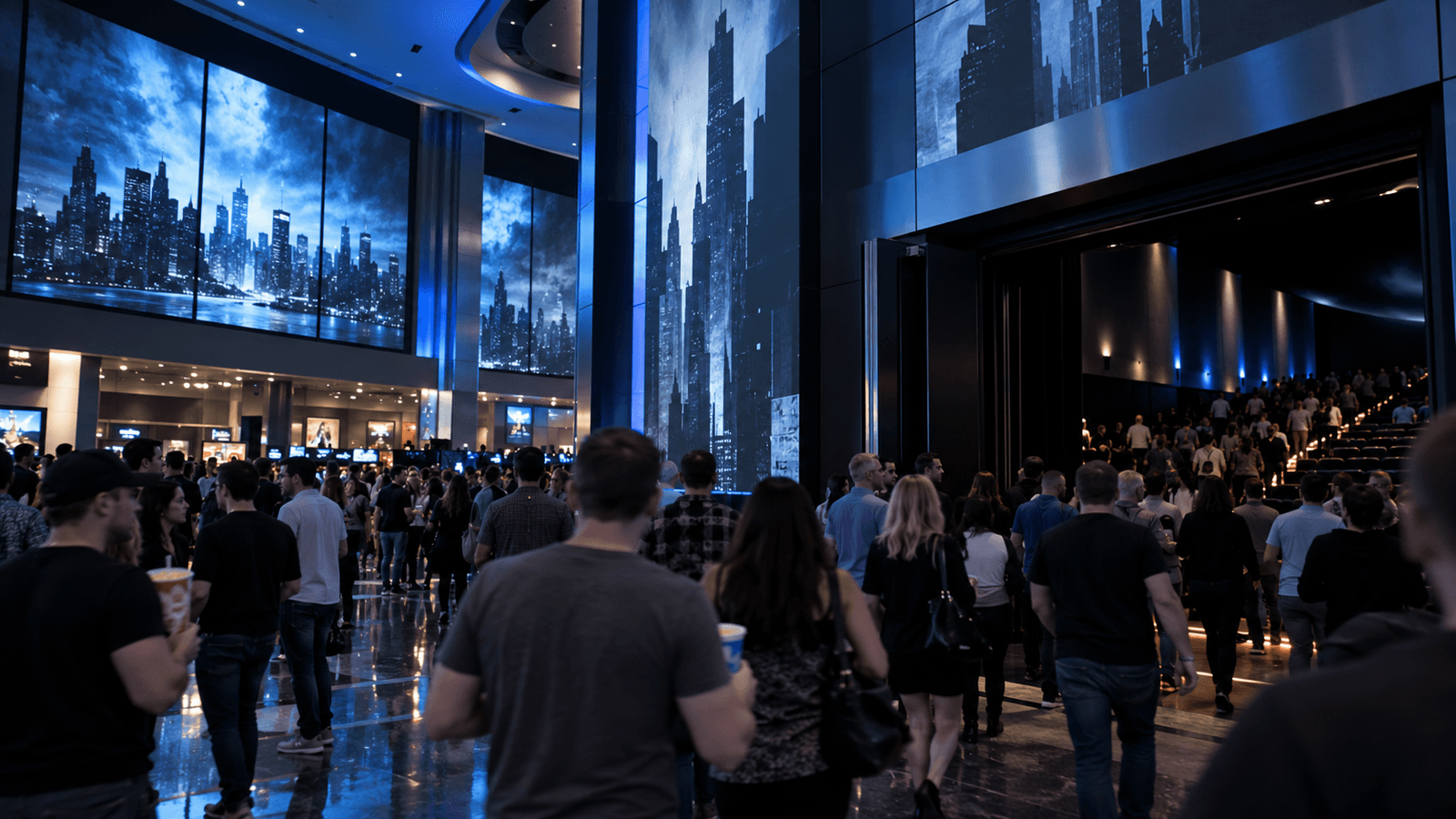 AI reconstruction of a 2012 premium-cinema audience at the finale of a dark urban superhero trilogy