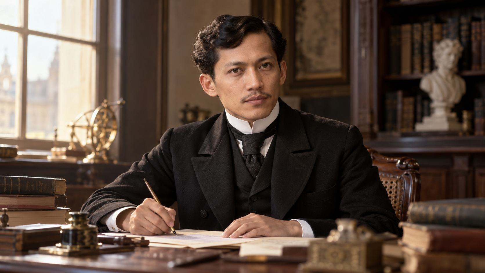 Realistic editorial recreation of José Rizal in a European writing desk around 1890.