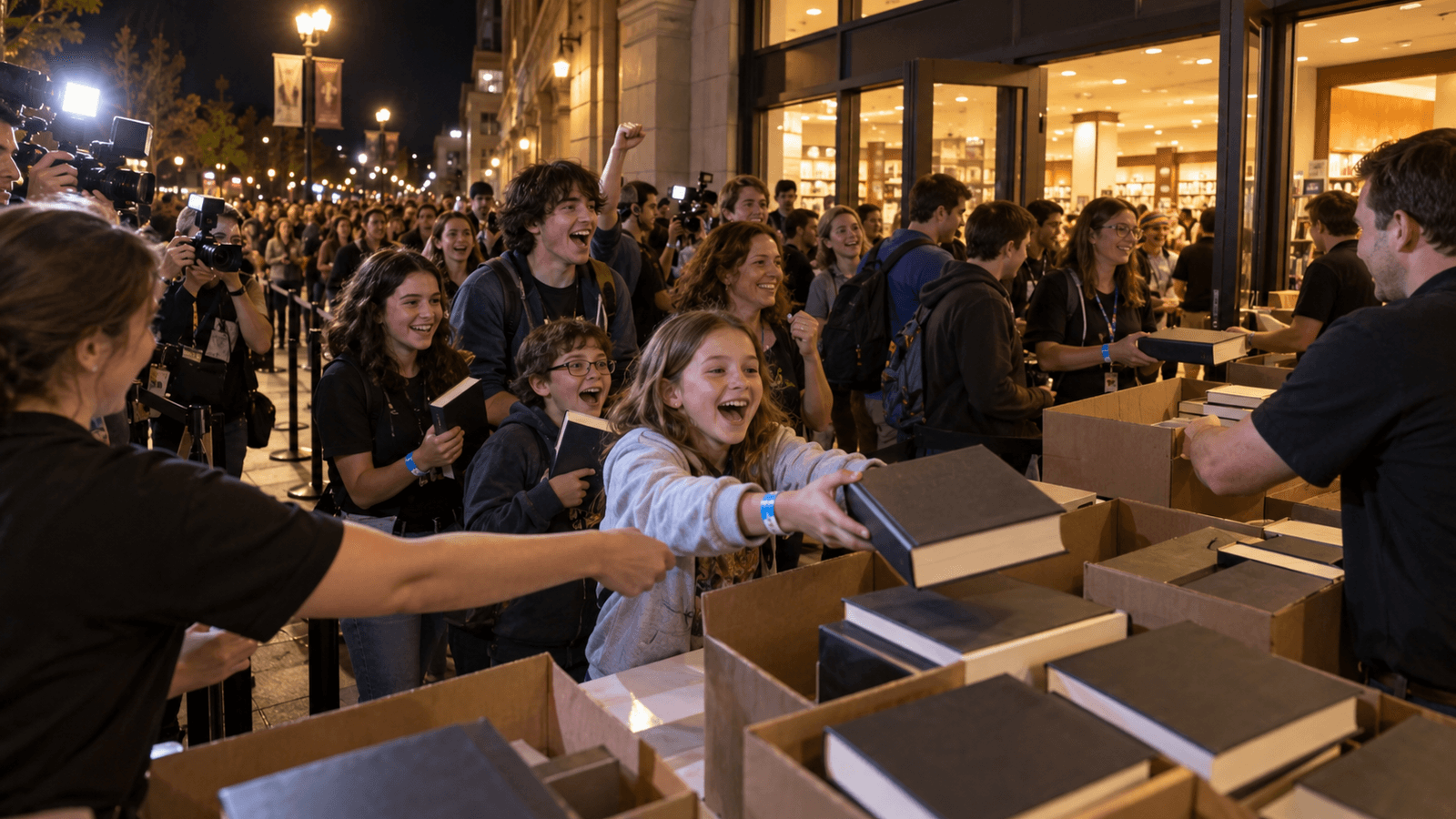 AI reconstruction of excited readers at a worldwide midnight fantasy-book release in 2007