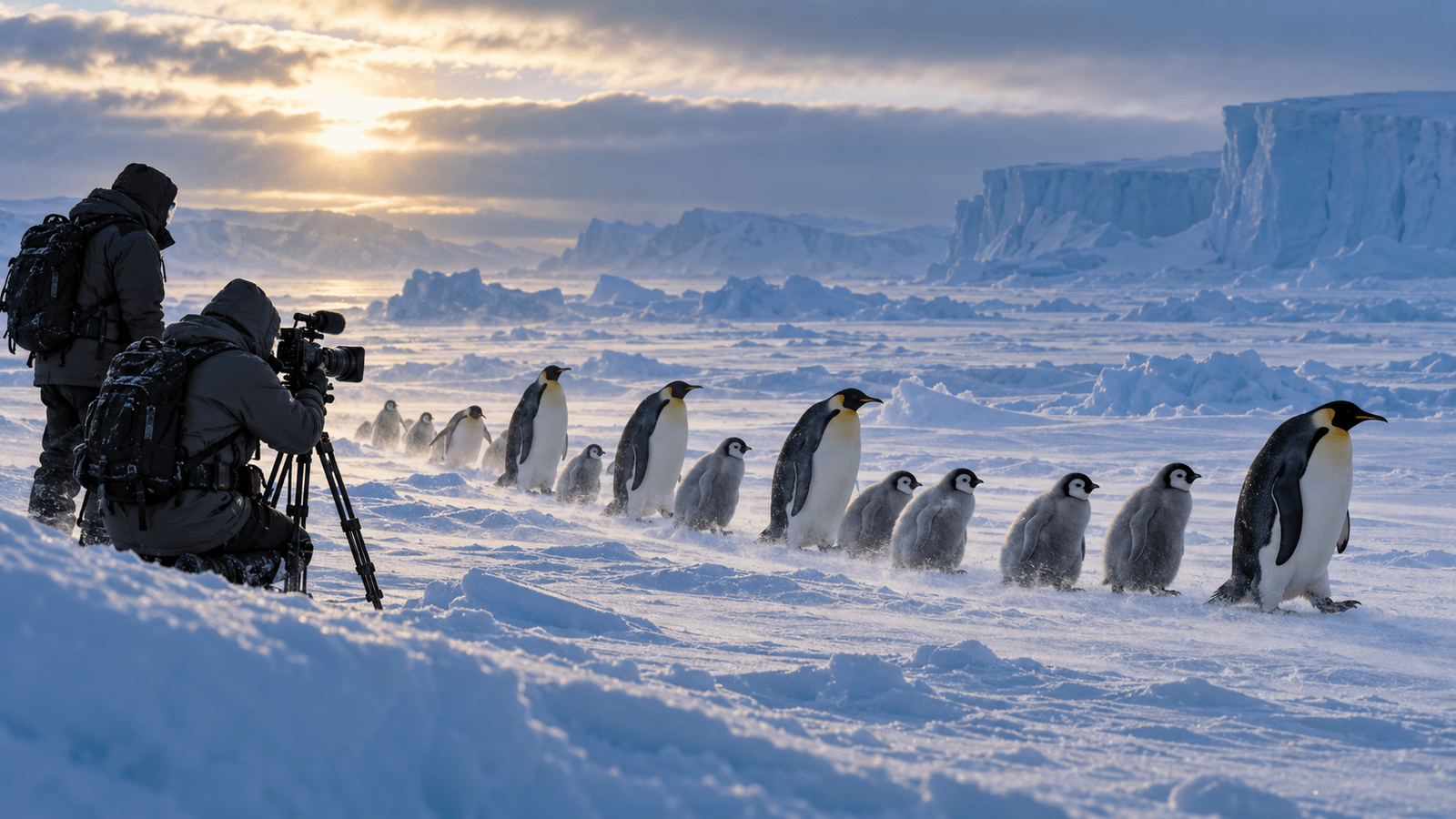 AI reconstruction of documentary filmmakers observing emperor penguins on Antarctic sea ice