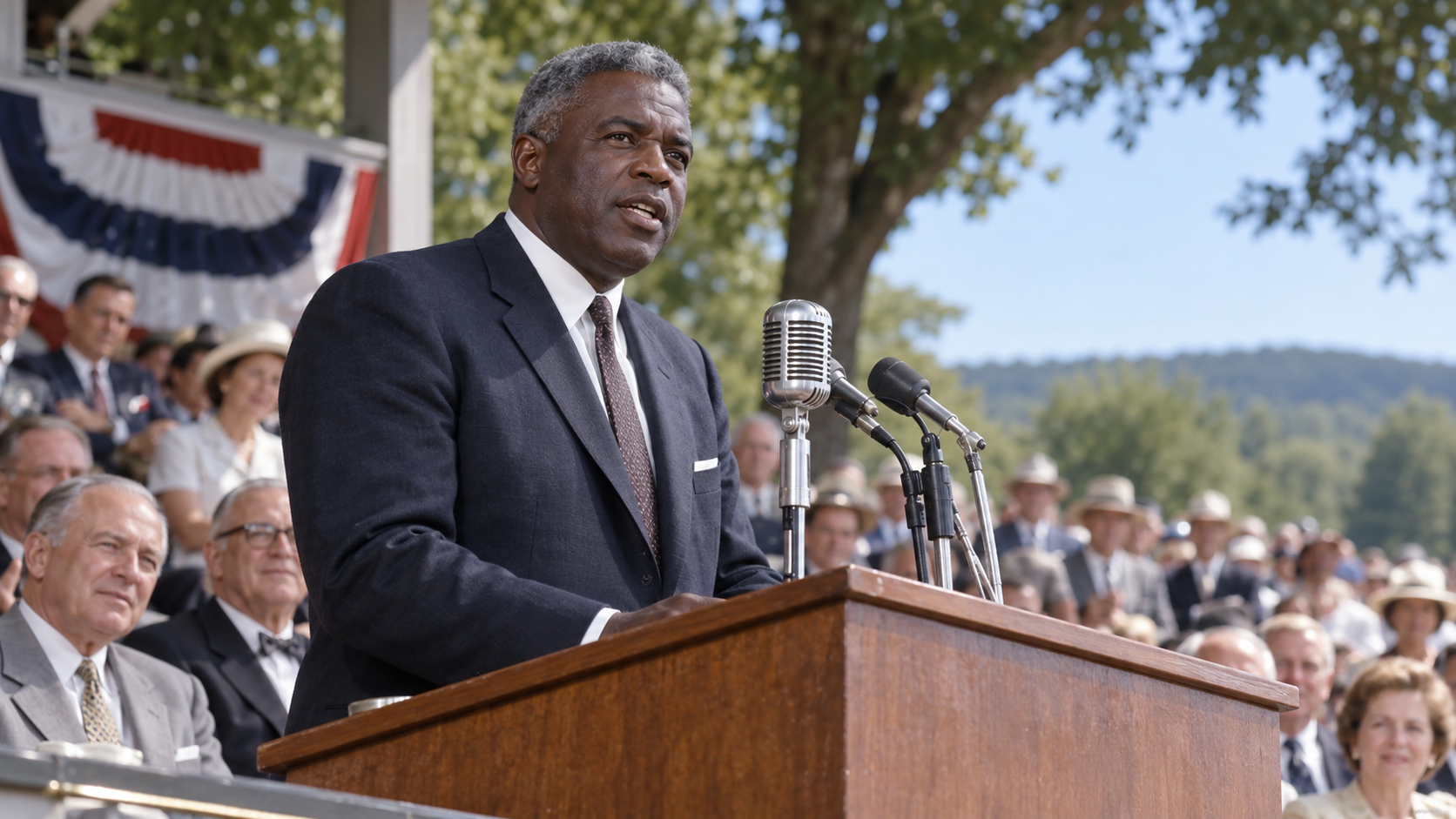Photorealistic historical reconstruction of Jackie Robinson at his 1962 Hall of Fame induction.