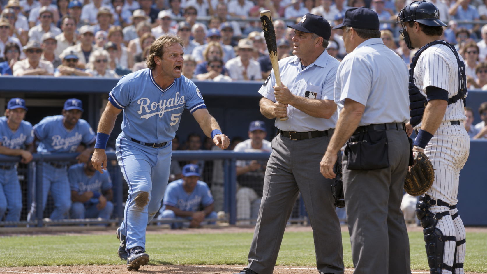 Photorealistic historical reconstruction of George Brett protesting during the 1983 Pine Tar Game.
