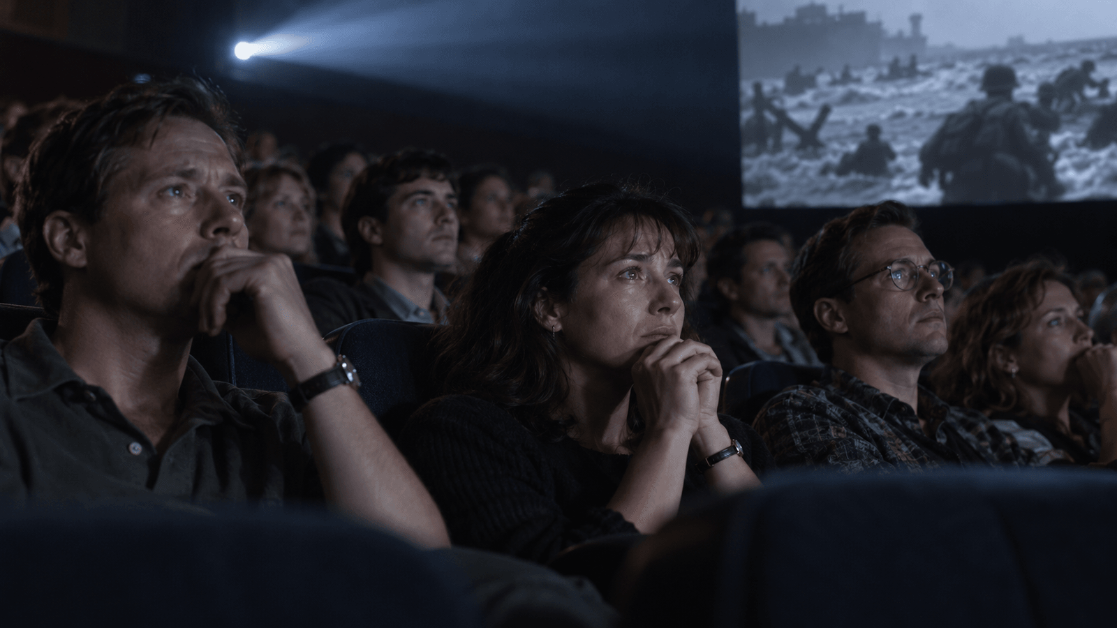 AI reconstruction of a solemn 1998 cinema audience watching a World War II drama