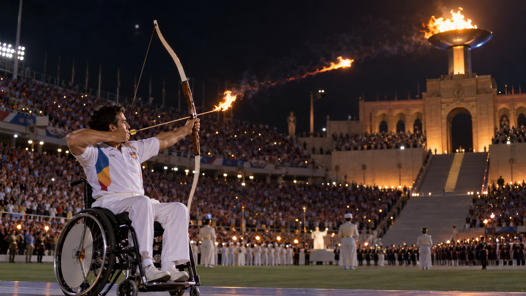Photorealistic historical reconstruction of the flaming-arrow cauldron lighting at the 1992 Barcelona Olympics.