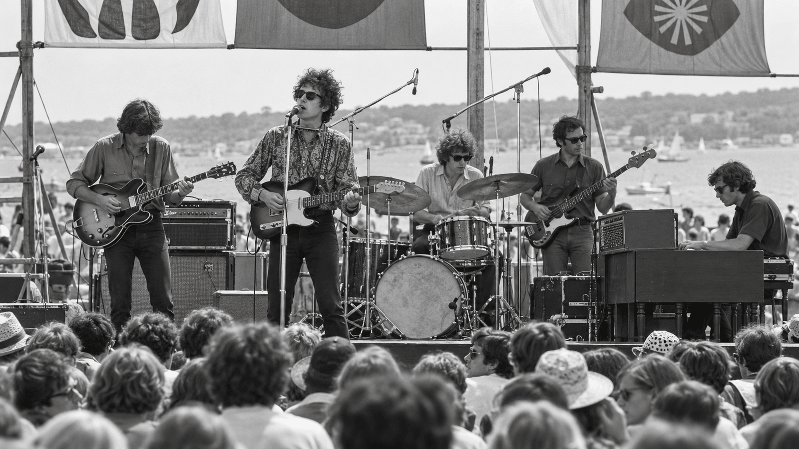 AI reconstruction of a folk singer leading an amplified band at an outdoor 1965 festival