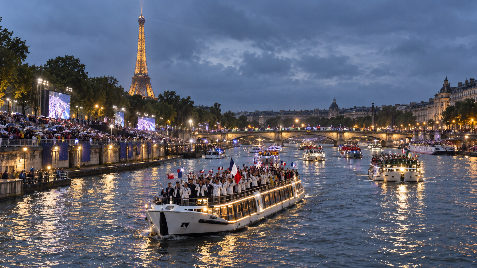 Photorealistic reconstruction of Olympic athletes on the Seine during the Paris 2024 opening ceremony.