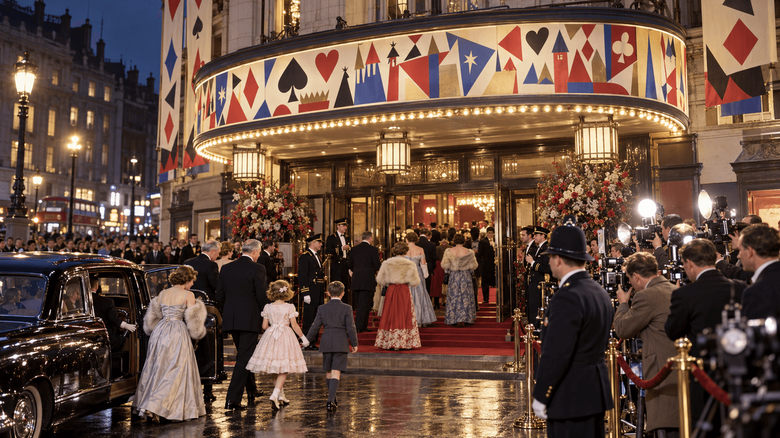 AI reconstruction of families arriving at a colorful London animation premiere in 1951