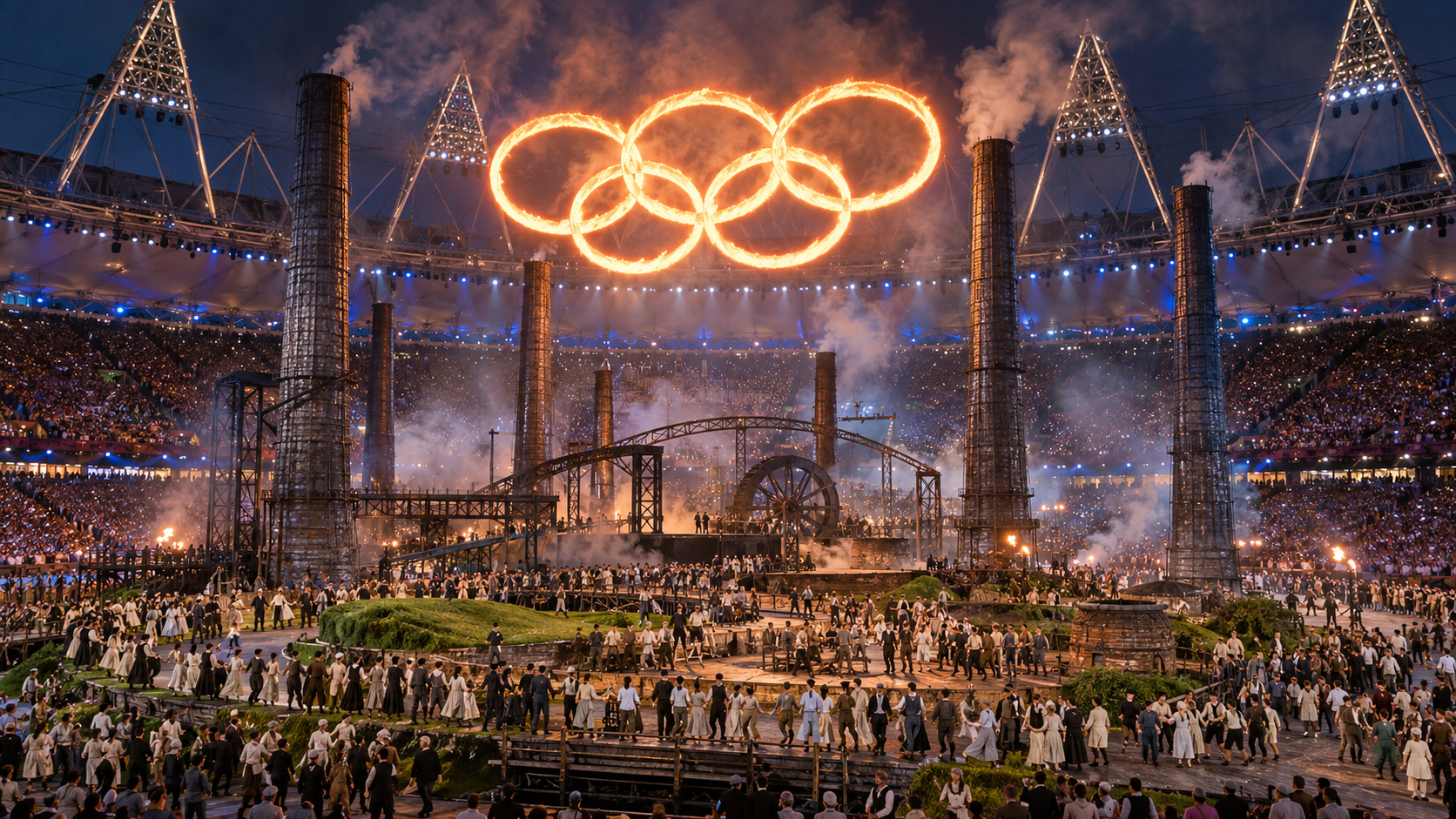 Photorealistic reconstruction of the forged Olympic rings during the London 2012 opening ceremony.