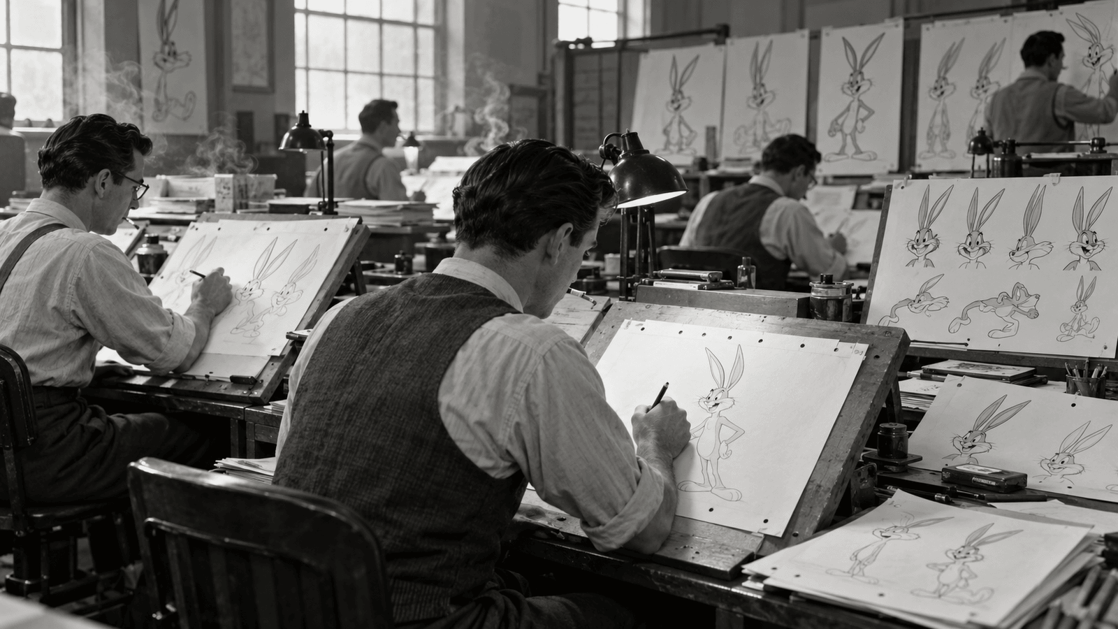 AI reconstruction of 1940 animators refining a wisecracking rabbit character at drawing desks