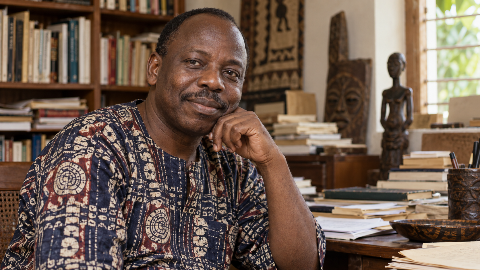Realistic editorial recreation of Ken Saro-Wiwa in a Nigerian writer’s study around 1995.
