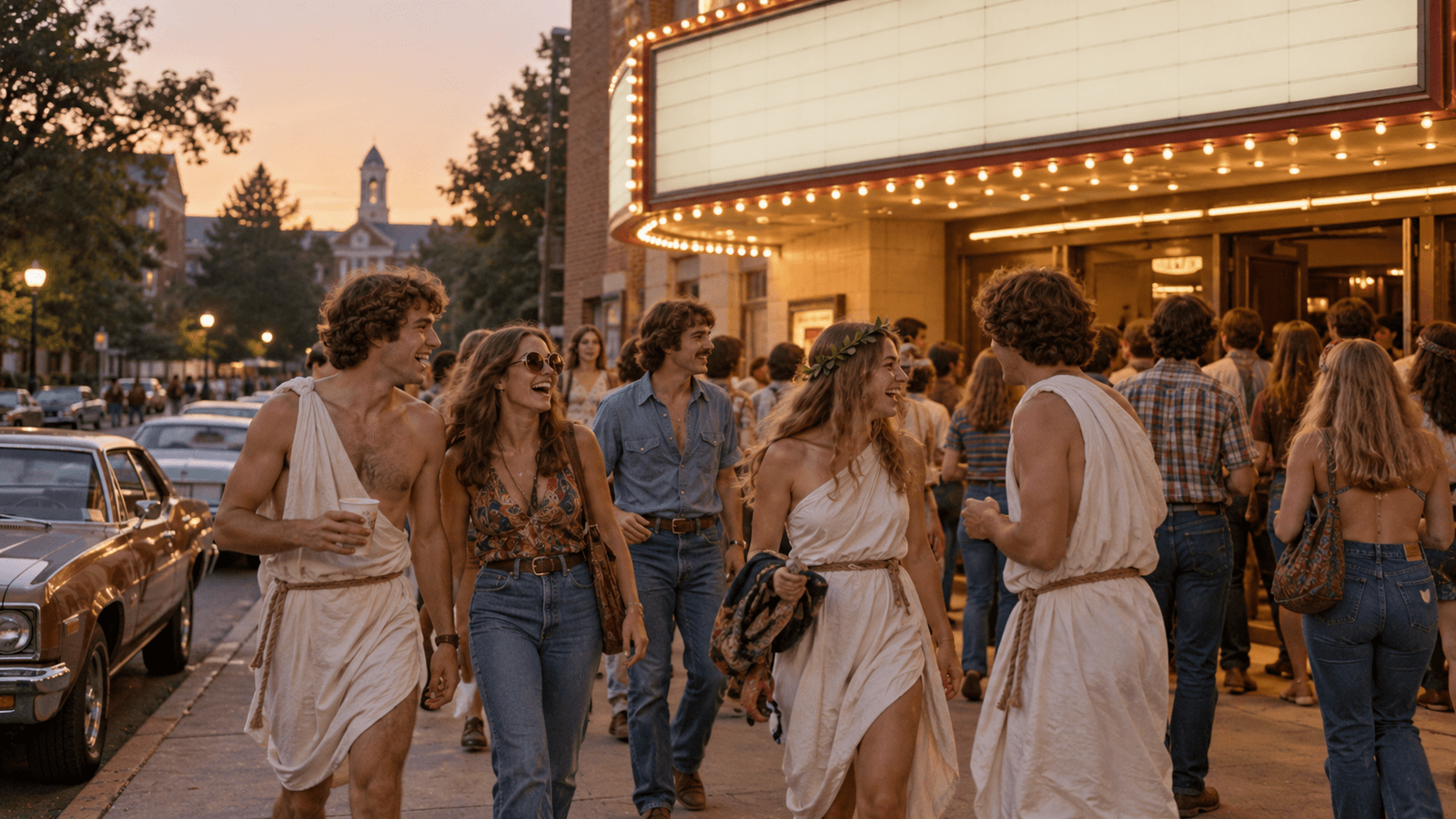 AI reconstruction of a 1978 college-town cinema crowd arriving for an unruly campus comedy
