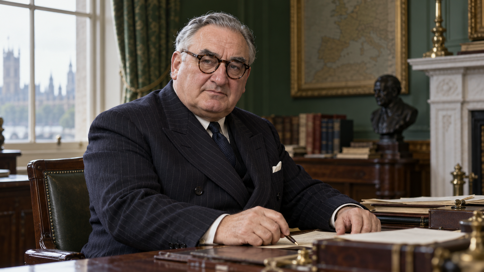 Realistic editorial recreation of Ernest Bevin in a British Foreign Office room around 1945.