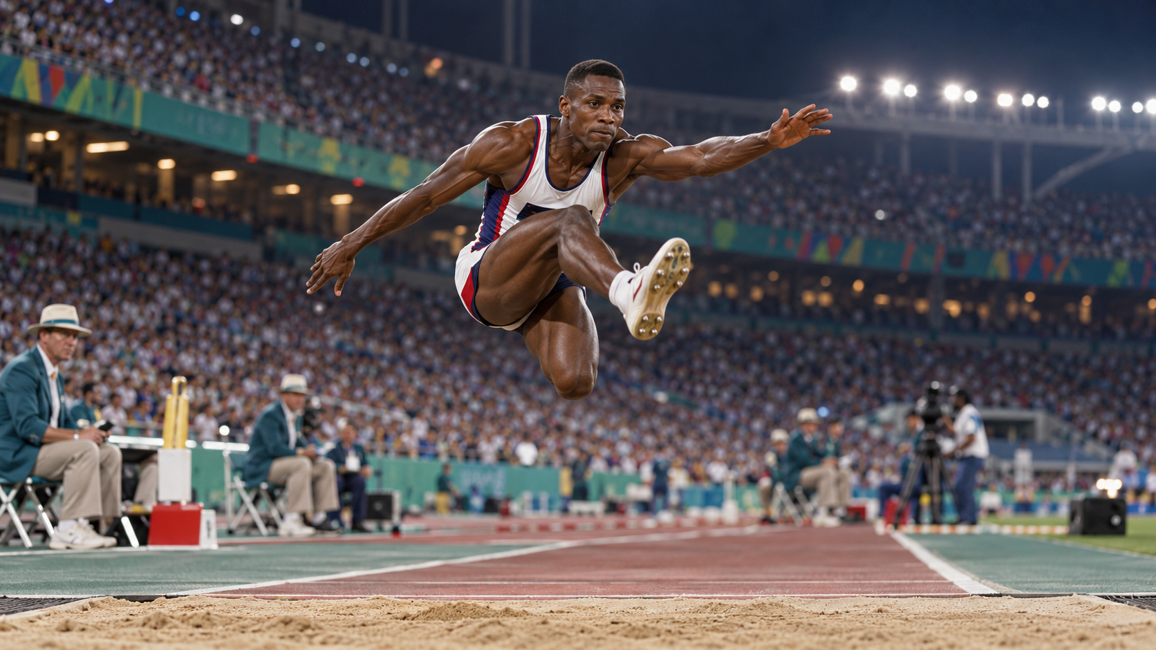 Photorealistic historical reconstruction of Carl Lewis winning his fourth Olympic long-jump title in 1996.