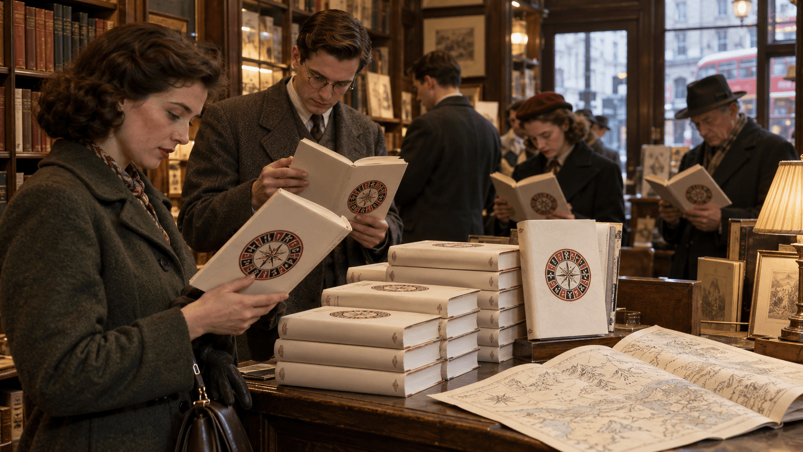 AI reconstruction of readers discovering an epic fantasy volume in a 1954 British bookshop