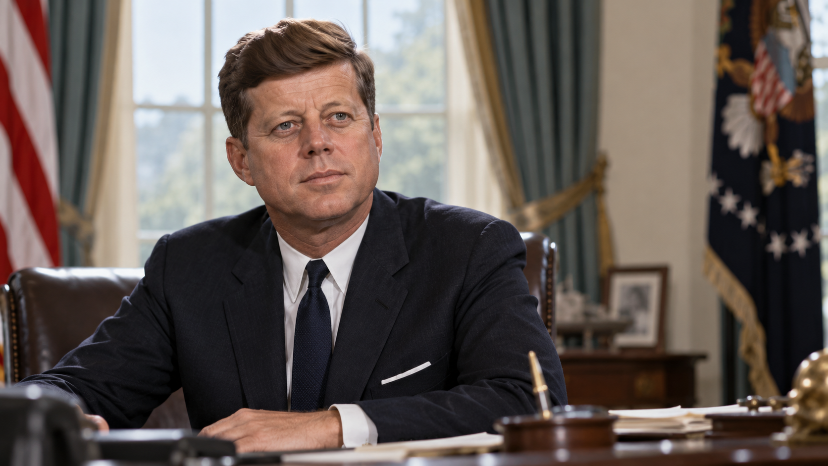 Realistic editorial recreation of John F. Kennedy in a Washington office around January 1961.
