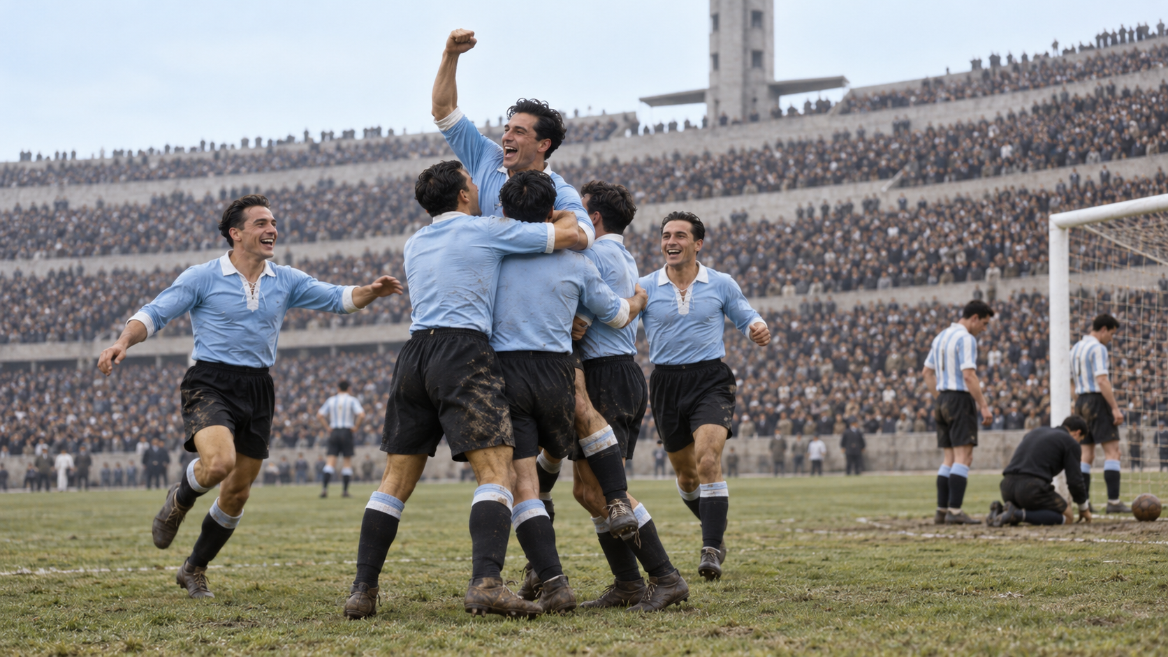 Photorealistic historical reconstruction of Uruguay defeating Argentina in the 1930 World Cup final.