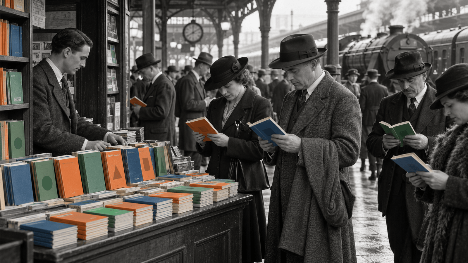 AI reconstruction of travelers browsing bright new paperbacks at a British railway bookstall in 1935