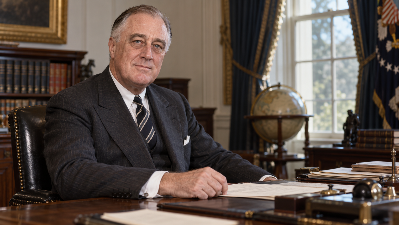 Realistic editorial recreation of Franklin D. Roosevelt in the White House study around January 1937.