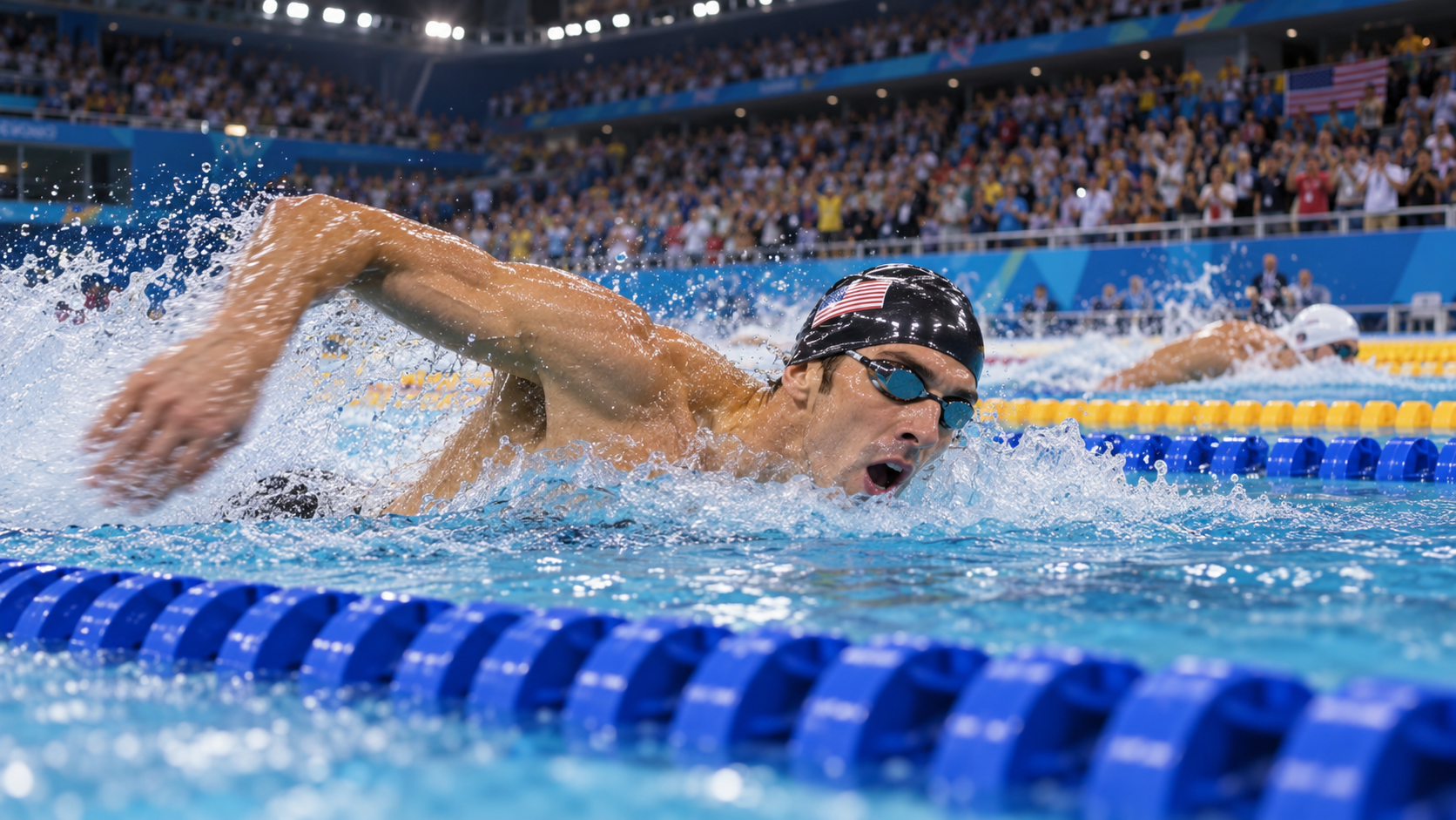 Photorealistic reconstruction of Michael Phelps winning his record-setting 19th Olympic medal in London.