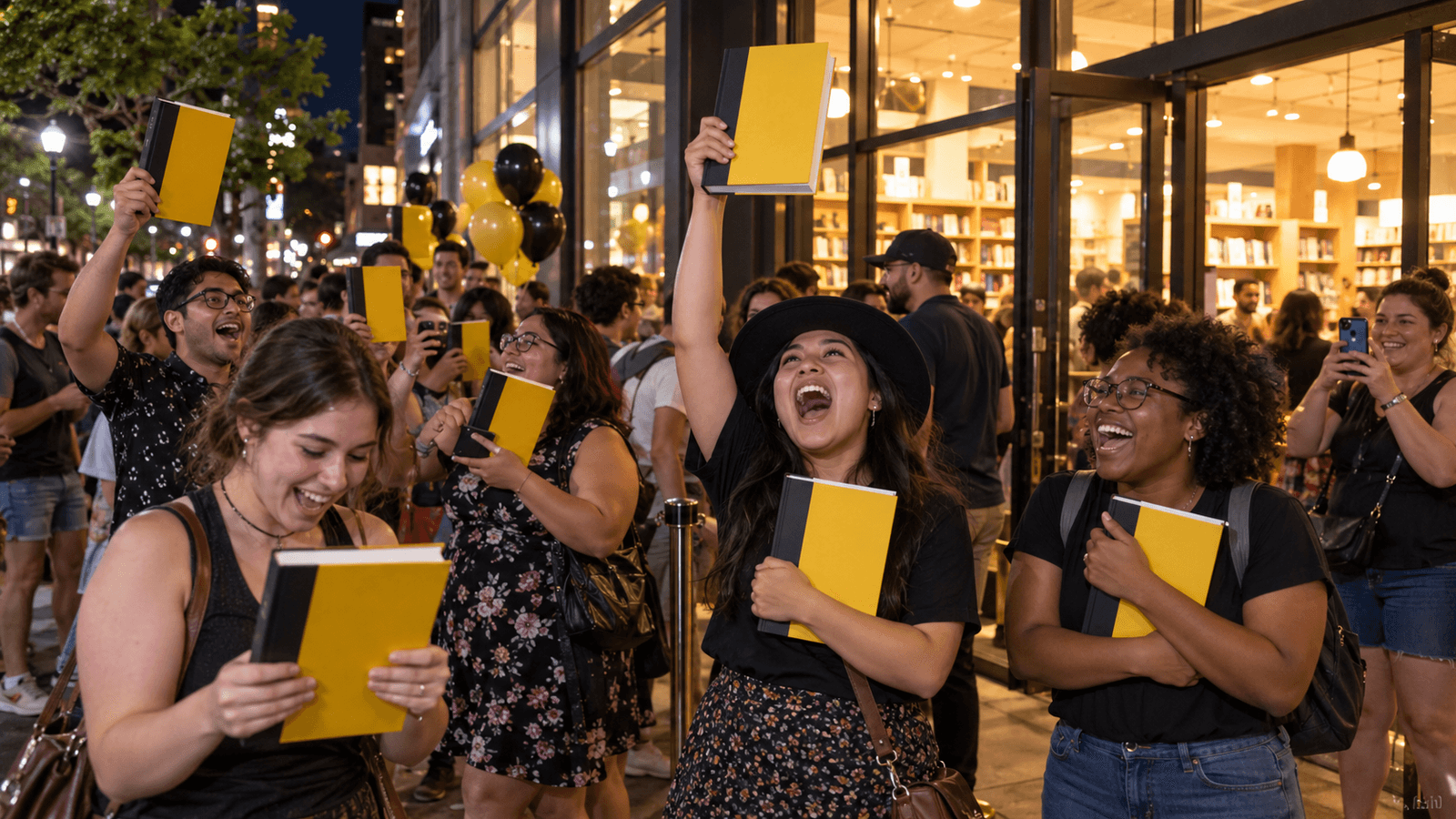 AI reconstruction of fans at a midnight release for a new stage-play script in July 2016