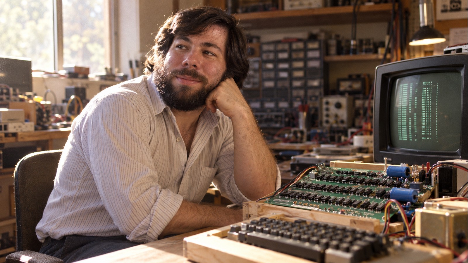 AI-generated realistic editorial portrait of Steve Wozniak in a technology-focused setting