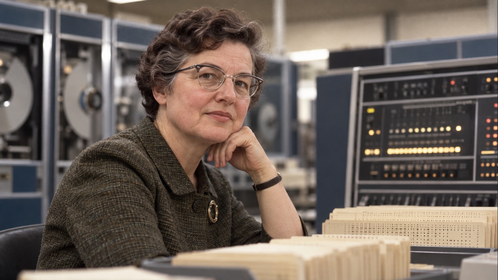 AI-generated realistic editorial portrait of Frances Allen in a technology-focused setting