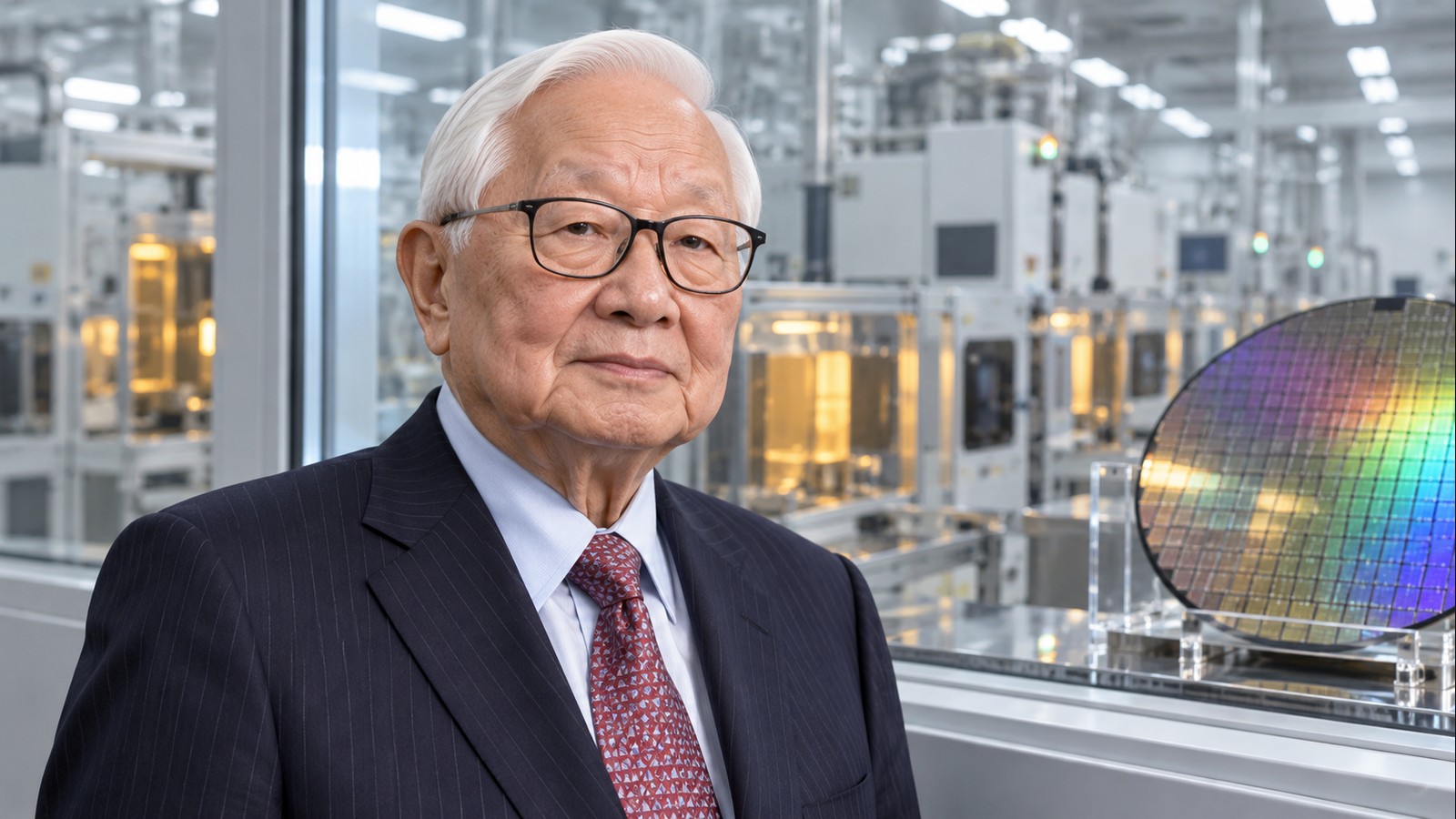 AI-generated realistic editorial portrait of Morris Chang in a technology-focused setting
