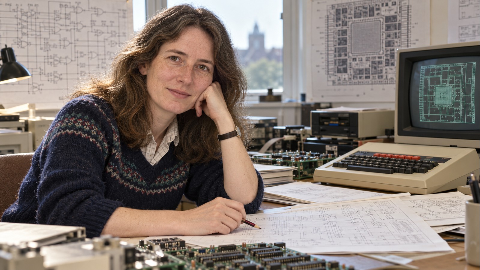 AI-generated realistic editorial portrait of Sophie Wilson in a technology-focused setting