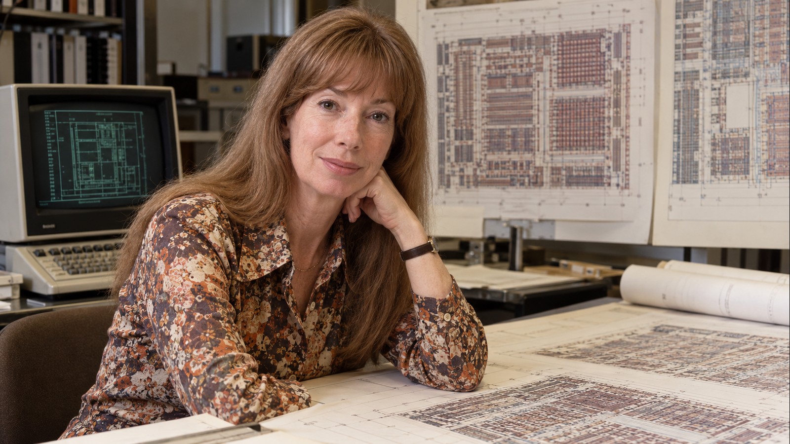 AI-generated realistic editorial portrait of Lynn Conway in a technology-focused setting