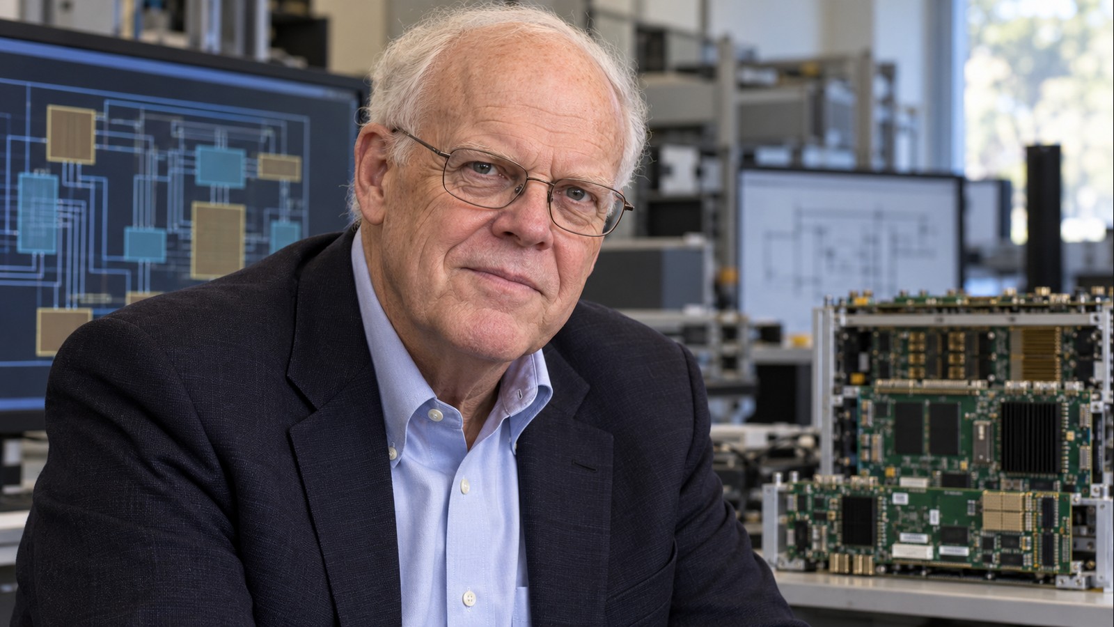 AI-generated realistic editorial portrait of John Hennessy in a technology-focused setting