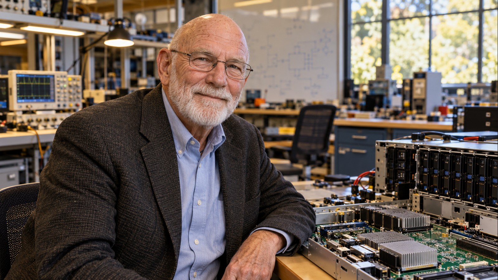 AI-generated realistic editorial portrait of David Patterson in a technology-focused setting