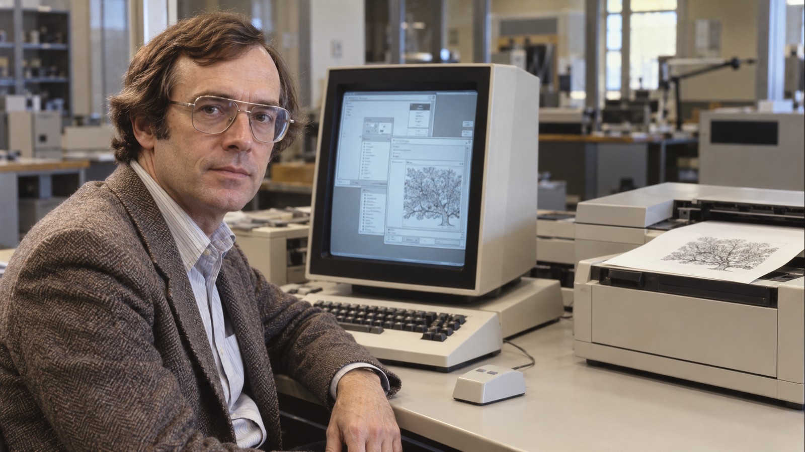 AI-generated realistic editorial portrait of Charles Thacker in a technology-focused setting