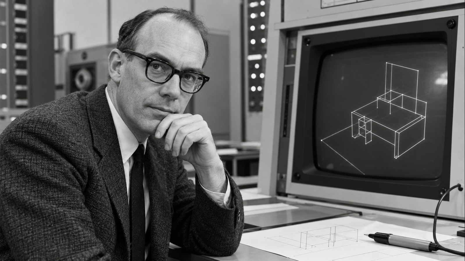 AI-generated realistic editorial portrait of Ivan Sutherland in a technology-focused setting