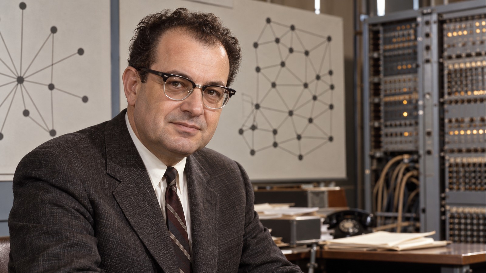 AI-generated realistic editorial portrait of Paul Baran in a technology-focused setting
