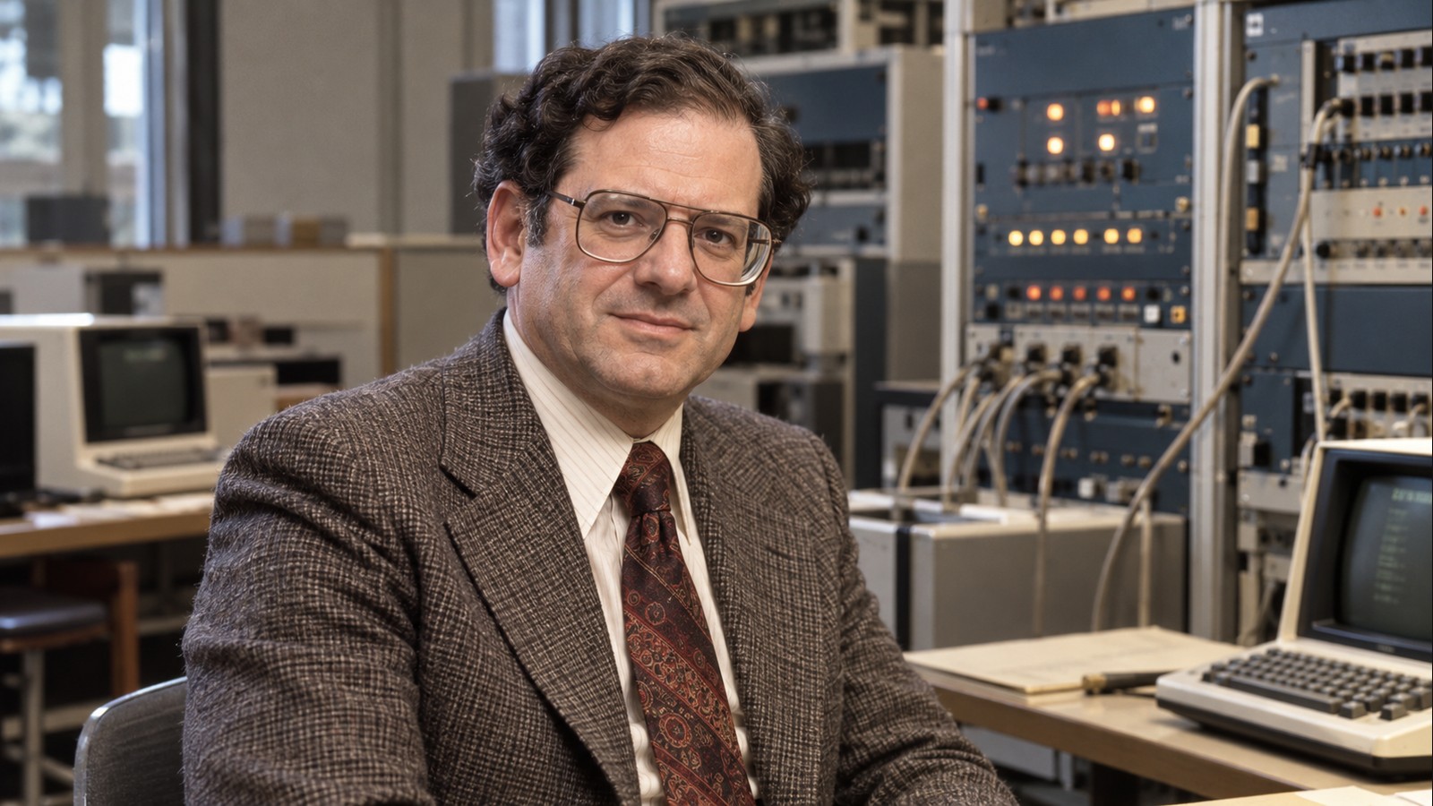 AI-generated realistic editorial portrait of Robert Kahn in a technology-focused setting