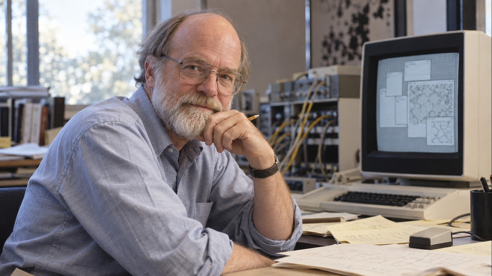 AI-generated realistic editorial portrait of Butler Lampson in a technology-focused setting