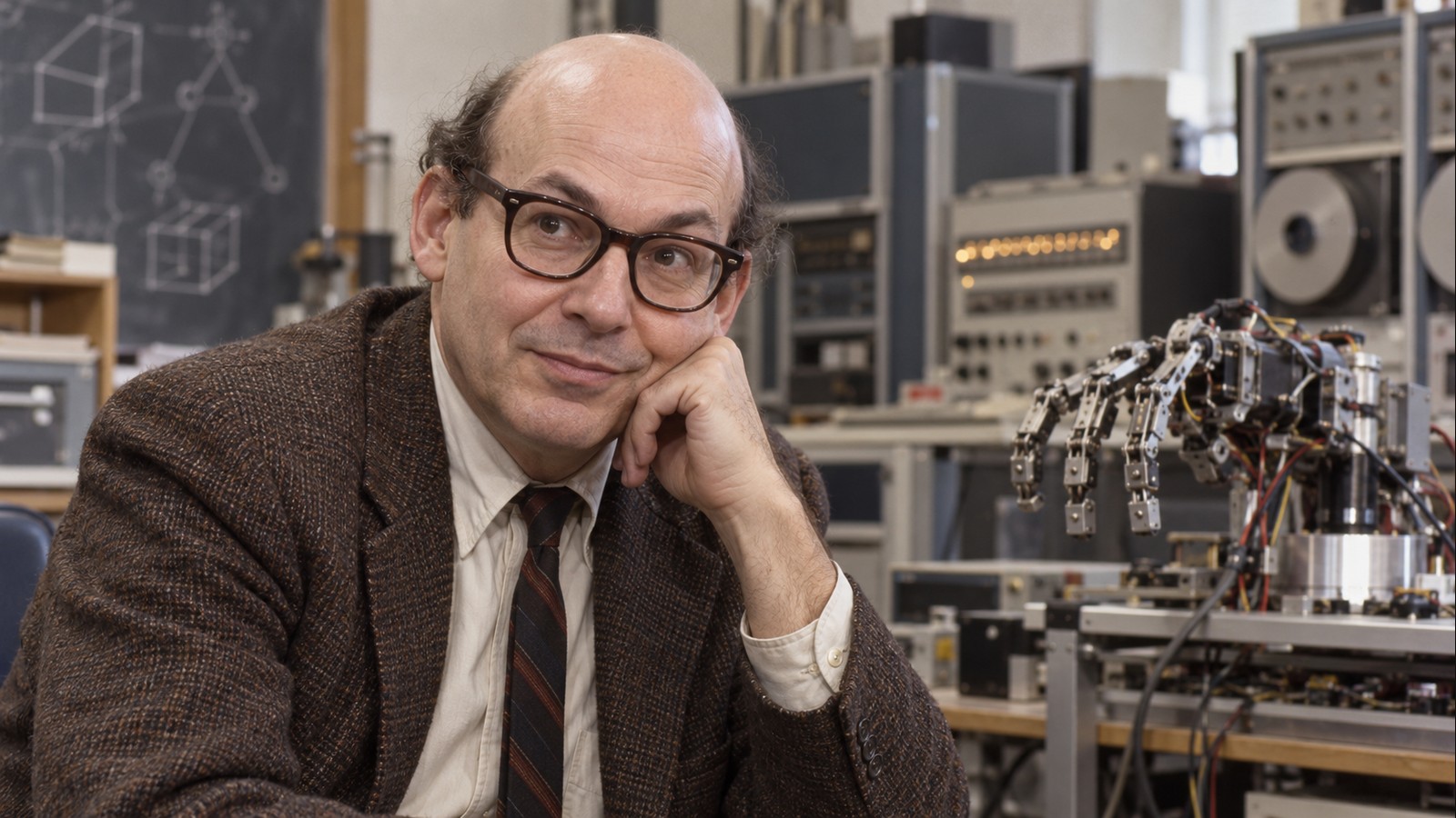 AI-generated realistic editorial portrait of Marvin Minsky in a technology-focused setting