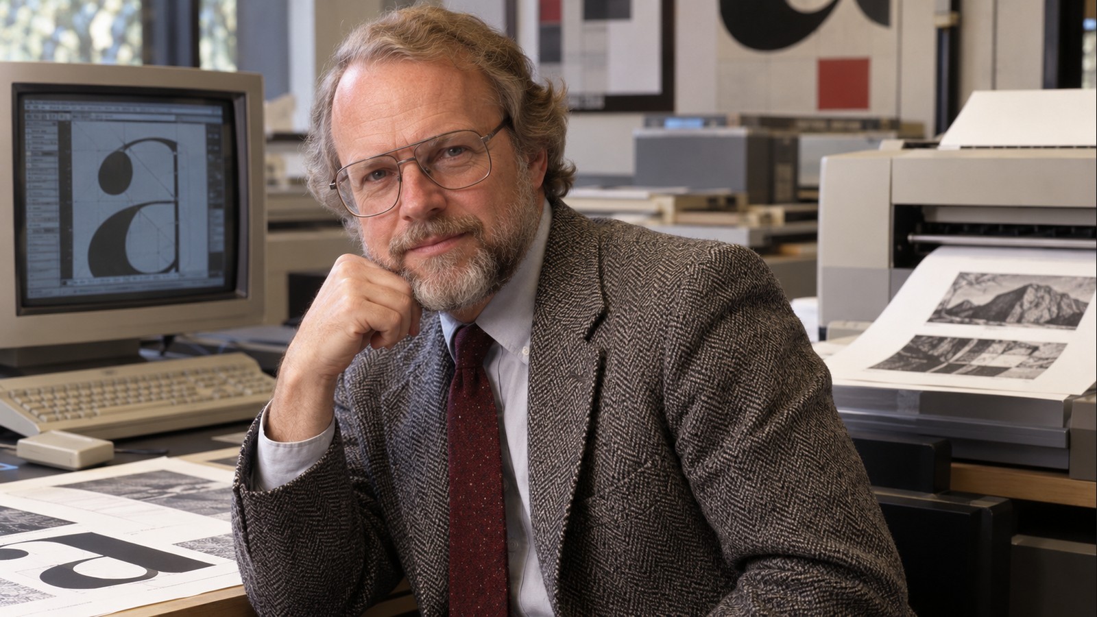 AI-generated realistic editorial portrait of John Warnock in a technology-focused setting