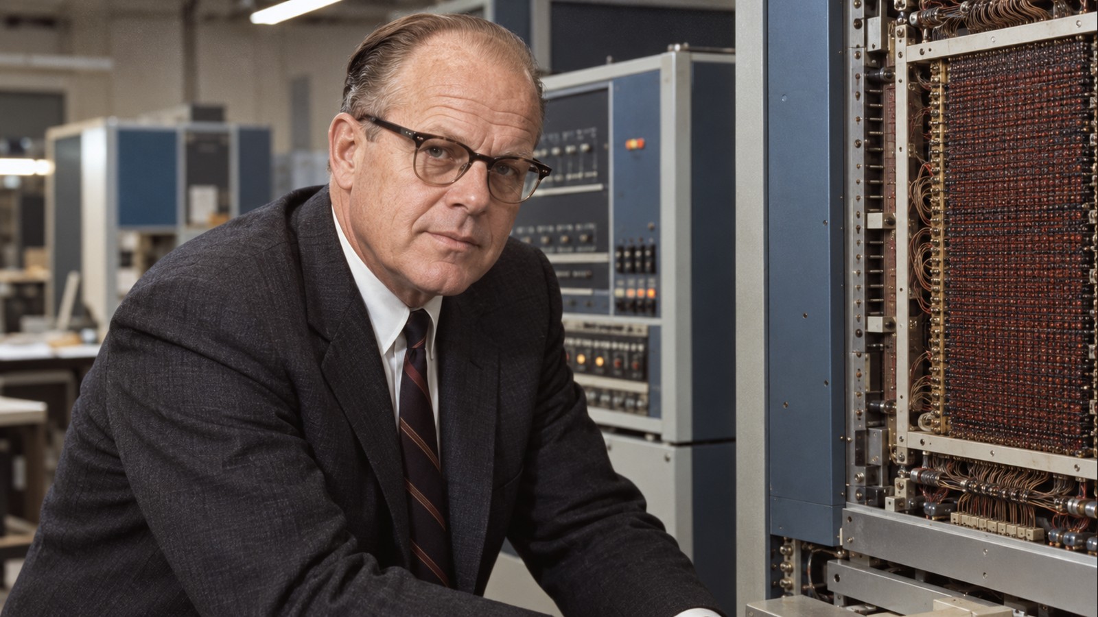 AI-generated realistic editorial portrait of Ken Olsen in a technology-focused setting