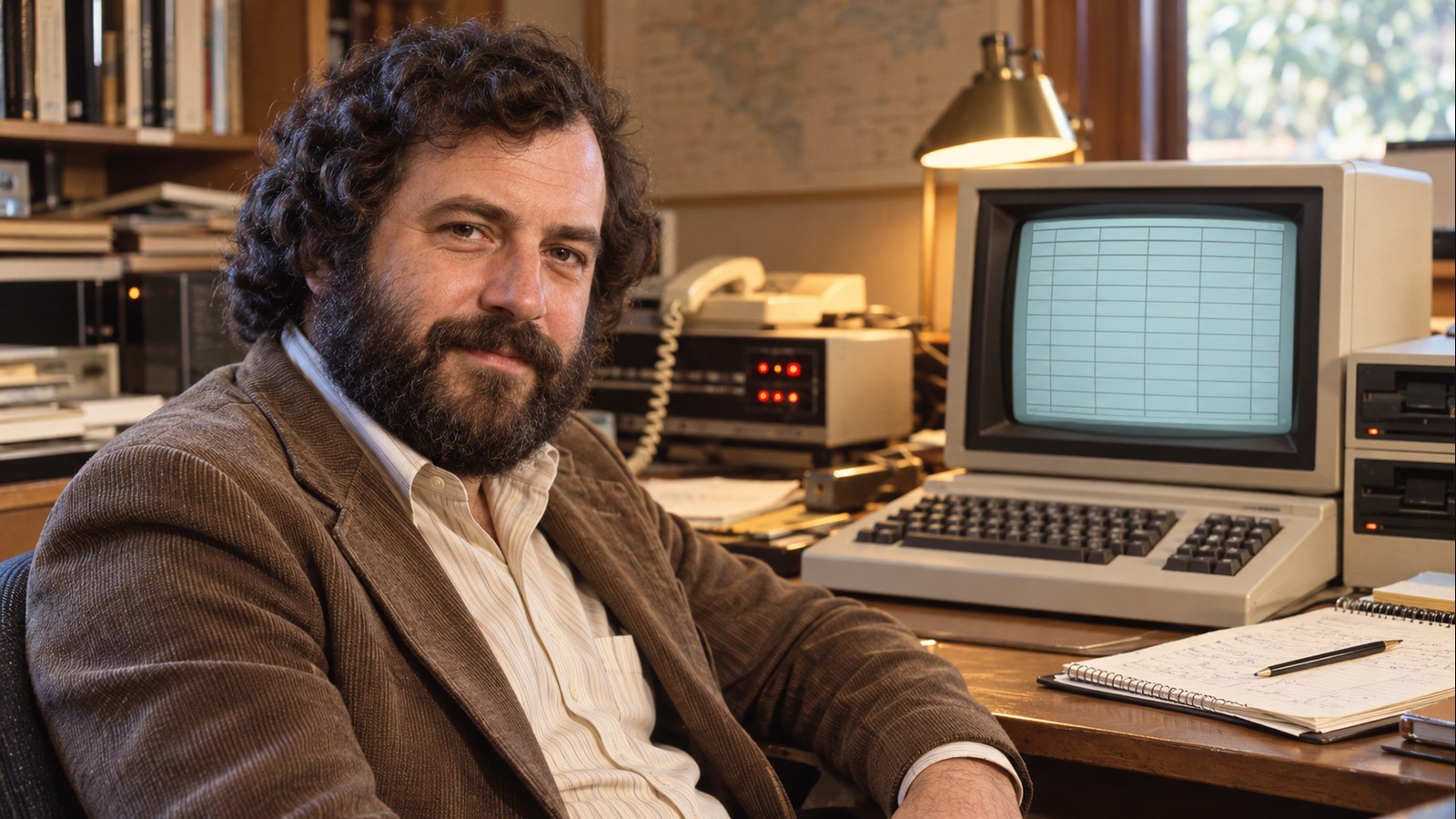 AI-generated realistic editorial portrait of Bob Frankston in a technology-focused setting