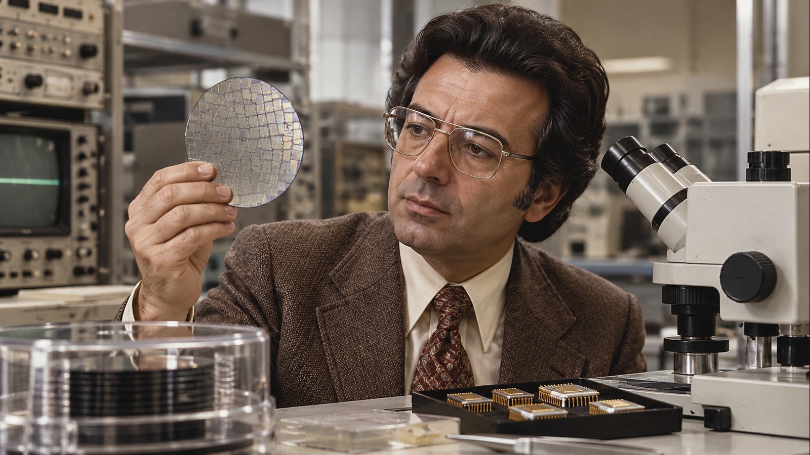 AI-generated realistic editorial portrait of Federico Faggin in a technology-focused setting