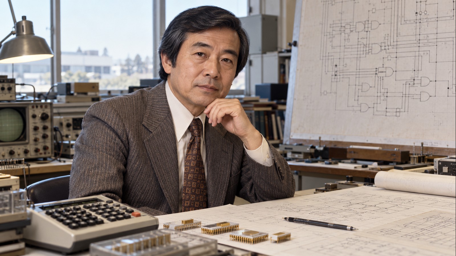 AI-generated realistic editorial portrait of Masatoshi Shima in a technology-focused setting