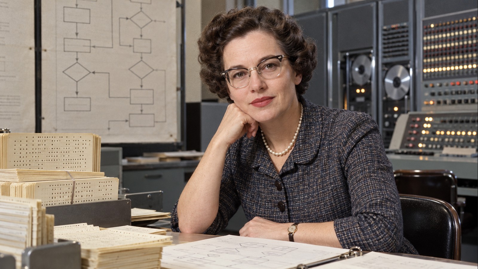 AI-generated realistic editorial portrait of Jean Sammet in a technology-focused setting