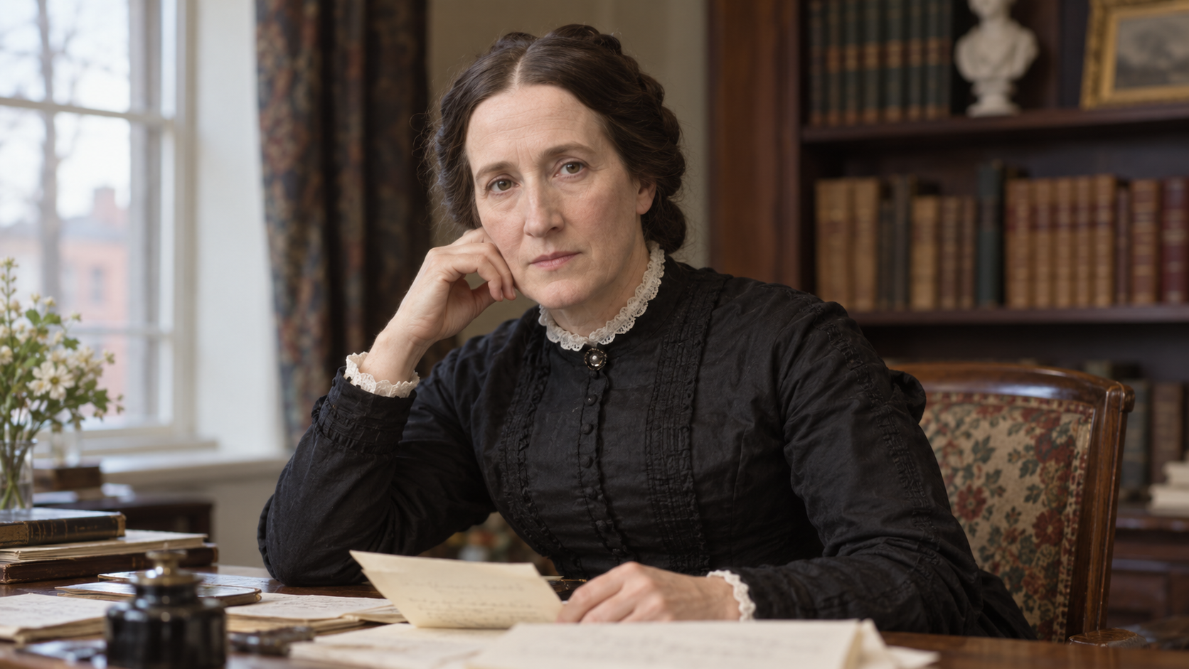Realistic editorial recreation of Julia Ward Howe in a nineteenth-century Boston study.