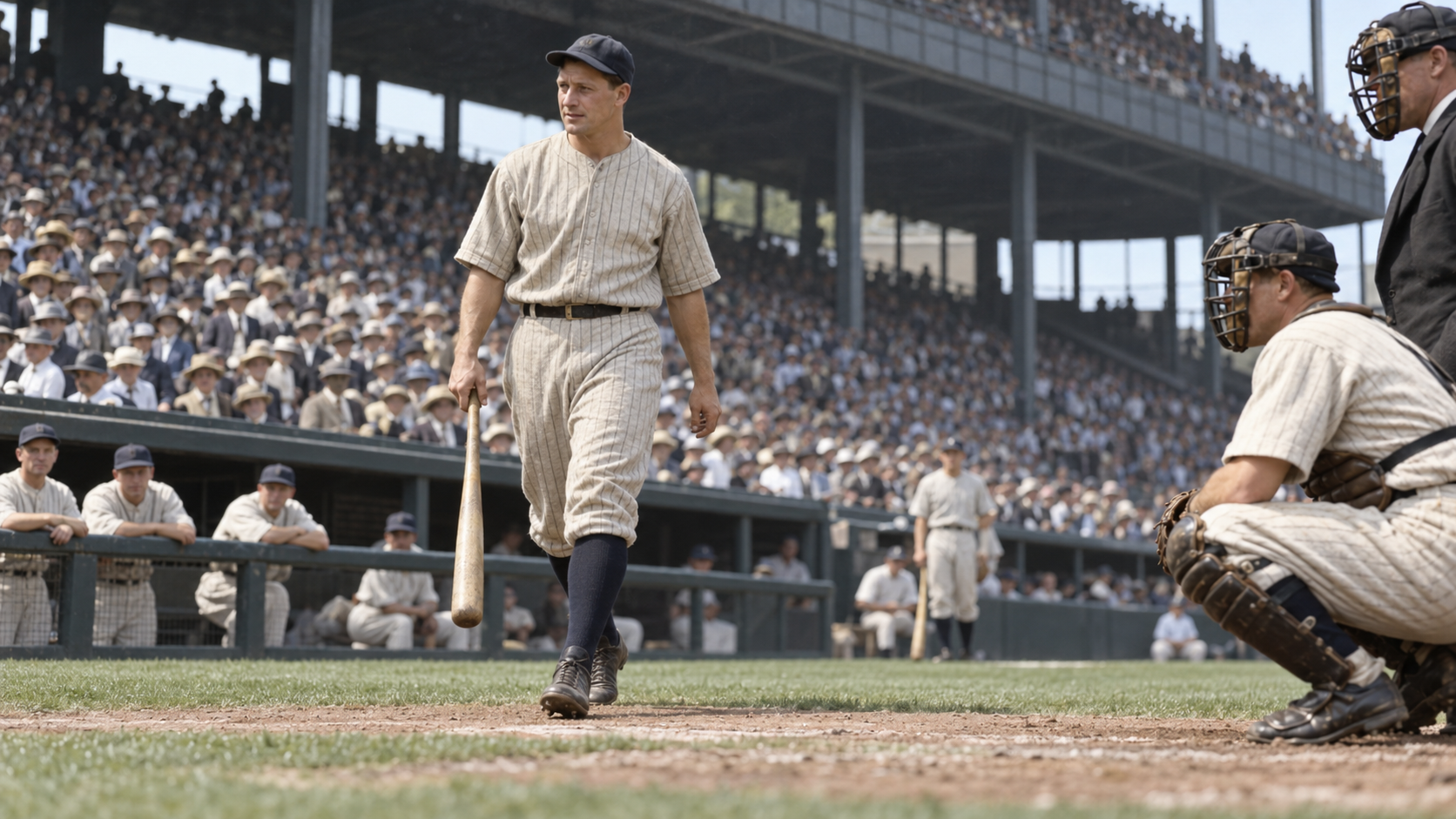 Photorealistic historical reconstruction of Lou Gehrig entering a New York baseball game as a pinch hitter on June 1, 1925.