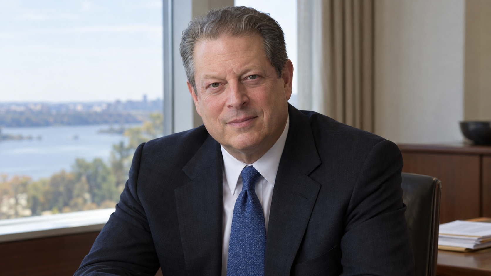 Realistic editorial recreation of Al Gore in a climate-policy meeting room.