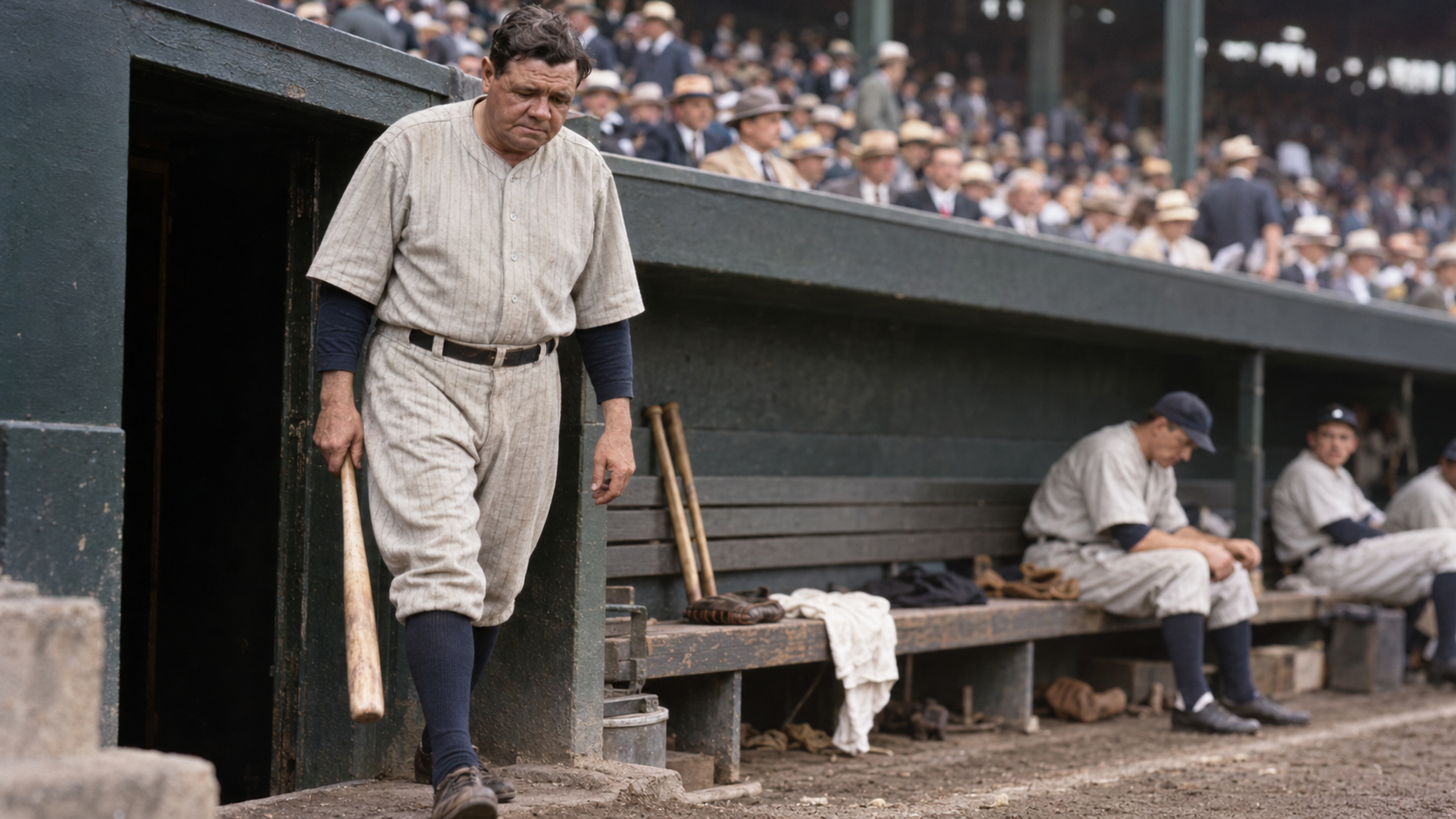 Photorealistic historical reconstruction of Babe Ruth leaving a major-league clubhouse at the end of his playing career in 1935.